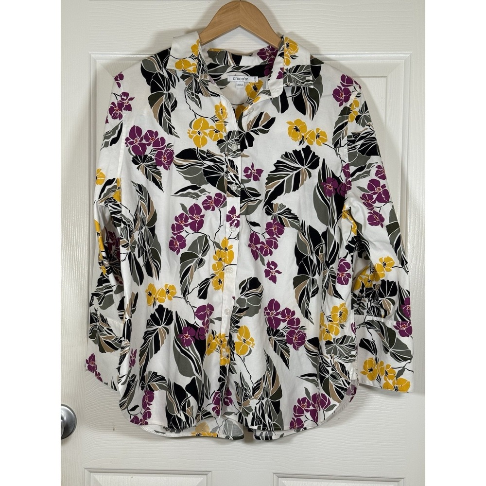 14 Chicos Multicolor Floral Boho Button Up Blouse Cotton Casual Spring Coastal